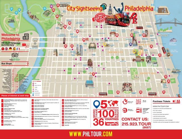 Mapa wycieczek autobusowych Filadelfia Hop On Hop Off